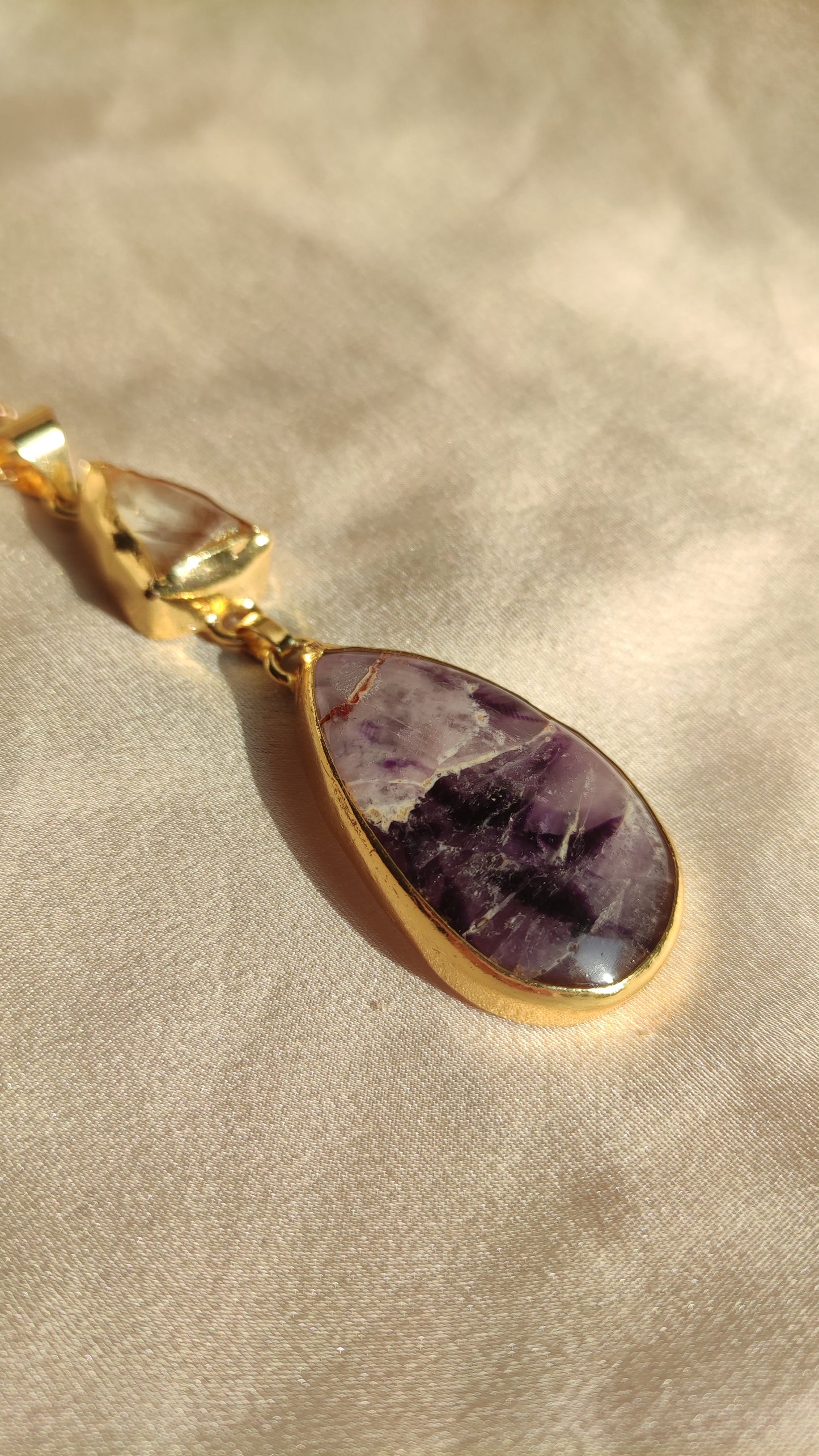 Collana goccia fluorite viola e topazio chiaro