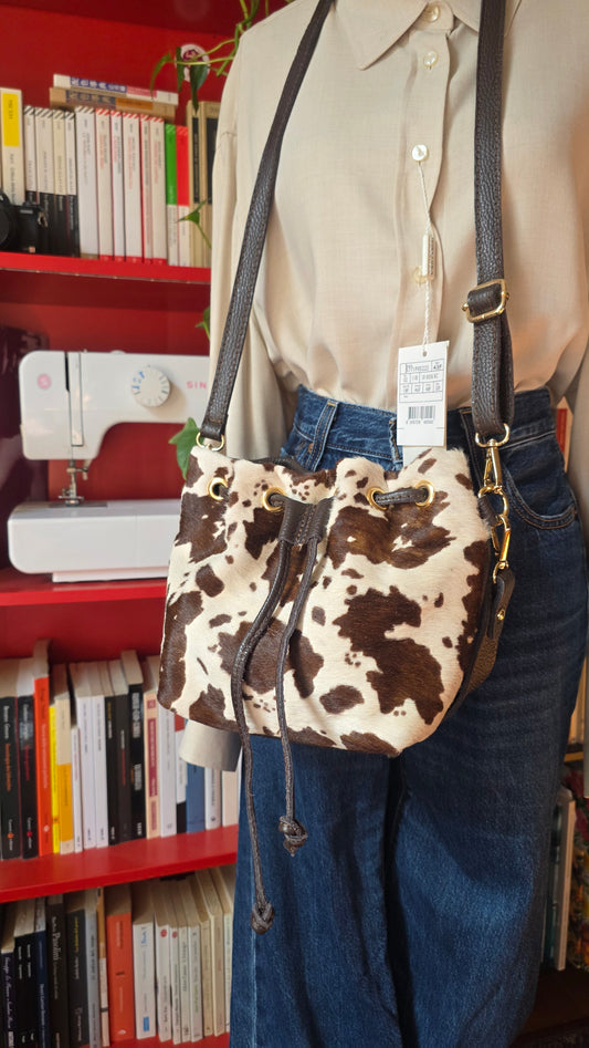 Borsa secchiello in pelle e cavallino