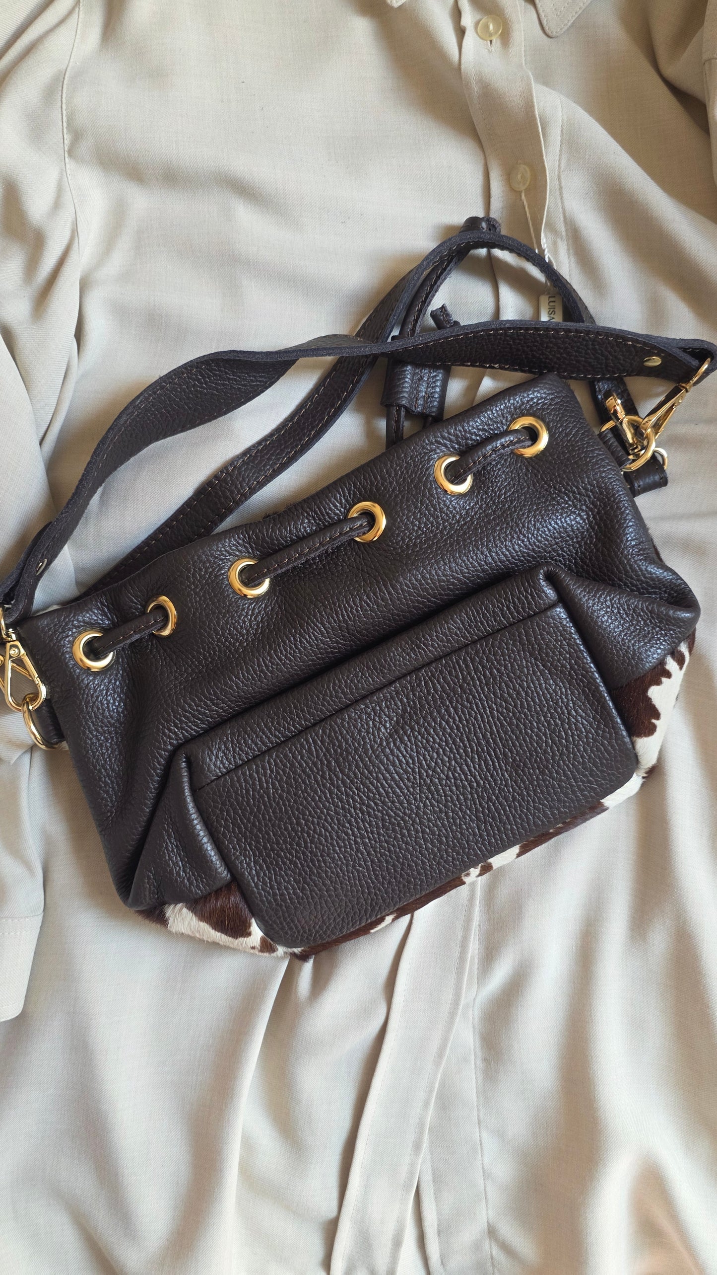 Borsa secchiello in pelle e cavallino
