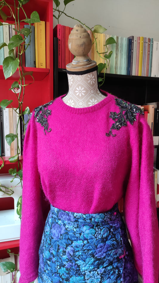 Maglione mohair fuscia con rimani di perline